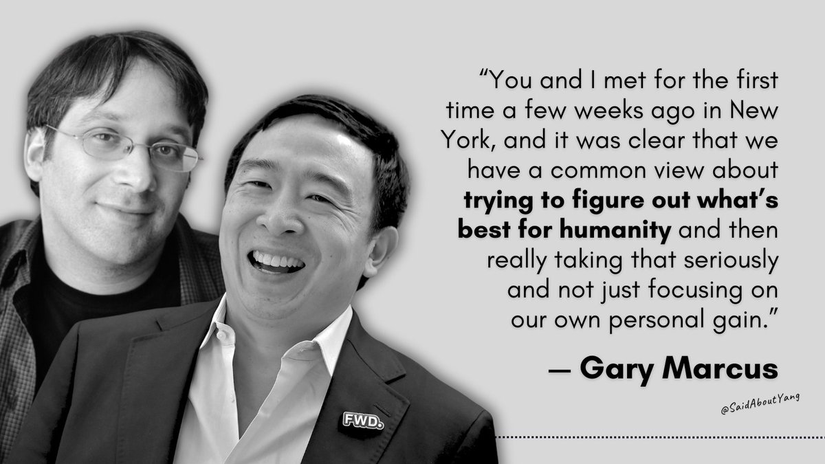 “You and I met for the first time a few weeks ago in New York and it was clear that we have a common view about trying to figure out what’s best for humanity.” — Gary Marcus #SaidAboutYang #ArtificialIntelligence Podcast: youtube.com/watch?v=yIu8QA…