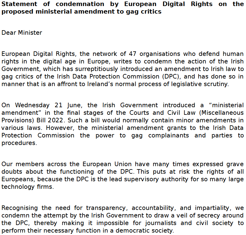 edri's tweet photo. 1/4 The Irish Government has introduced a last-minute amendment that will gag journalists &amp; civil society from speaking about:
 
🙊how the Data Protection Commission handles their complaint
🙊how #BigTech firms are misusing their data
 
Read more: https://t.co/SFYT50K9P5 https://t.co/26n3Vf2kZa