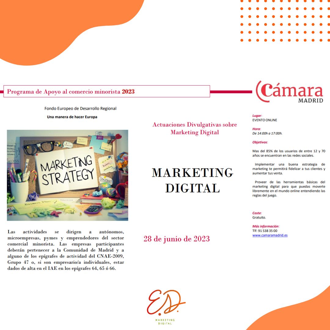 🎨🚀 ¡Atención a todos los negocios y emprendedores! 
¿𝗤𝘂𝗶𝗲𝗿𝗲𝘀 𝘀𝗮𝗯𝗲𝗿 𝗰𝗼́𝗺𝗼 𝗮𝘂𝗺𝗲𝗻𝘁𝗮𝗿 𝗹𝗮 𝘃𝗶𝘀𝗶𝗯𝗶𝗹𝗶𝗱𝗮𝗱 𝘆 𝗿𝗲𝘀𝘂𝗹𝘁𝗮𝗱𝗼𝘀 𝗮 𝘁𝗿𝗮𝘃𝗲́𝘀 𝗱𝗲𝗹 𝗺𝗮𝗿𝗸𝗲𝘁𝗶𝗻𝗴 𝗗𝗶𝗴𝗶𝘁𝗮𝗹?
𝟮𝟴 𝗱𝗲 𝗷𝘂𝗻𝗶𝗼 𝗮 𝗹𝗮𝘀 𝟭𝟰:𝟬𝟬 formación gratuita