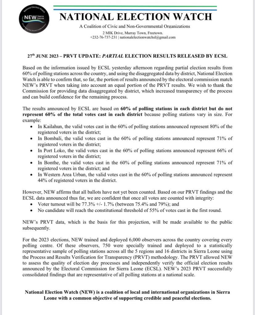 The top CSO group in #SierraLeone says its tally shows that no candidate has won the 55% needed to win the presidential election without a runoff. But official @ECSalone results put Pres. Bio in clear lead. Observers have questioned the tabulation process. #SierraLeoneDecides2023