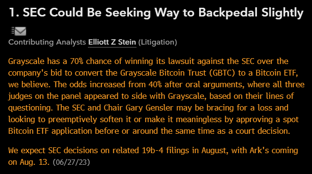 EricBalchunas's tweet photo. Another reason we give spot bitcoin ETF approval 50% chance is our senior legal analyst @NYCStein gives Grayscale a 70% chance of winning case against SEC, who could approve BlackRock's ETF as way to save face using trusted 'adult' TradFi cos &amp; stick it to Grayscale via @JSeyff https://t.co/pHydOcpuQo