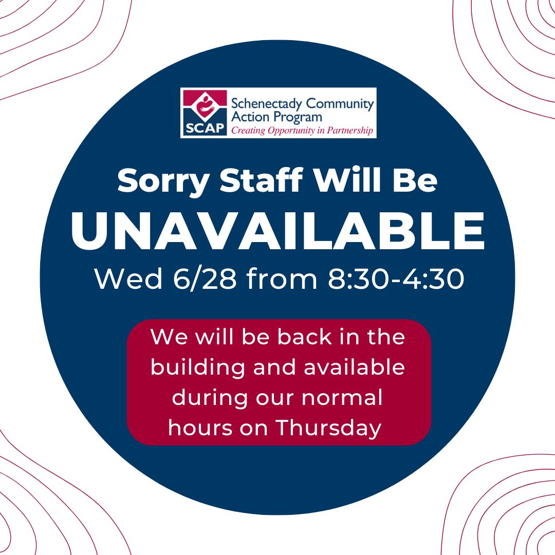 SCAPNY's tweet image. On Wednesday 6/28, SCAP's Community Services team will be out of the building and unavailable, as we will be offsite for staff development. The team will be back in the building and available at 8:30am on Thursday, 6/29.