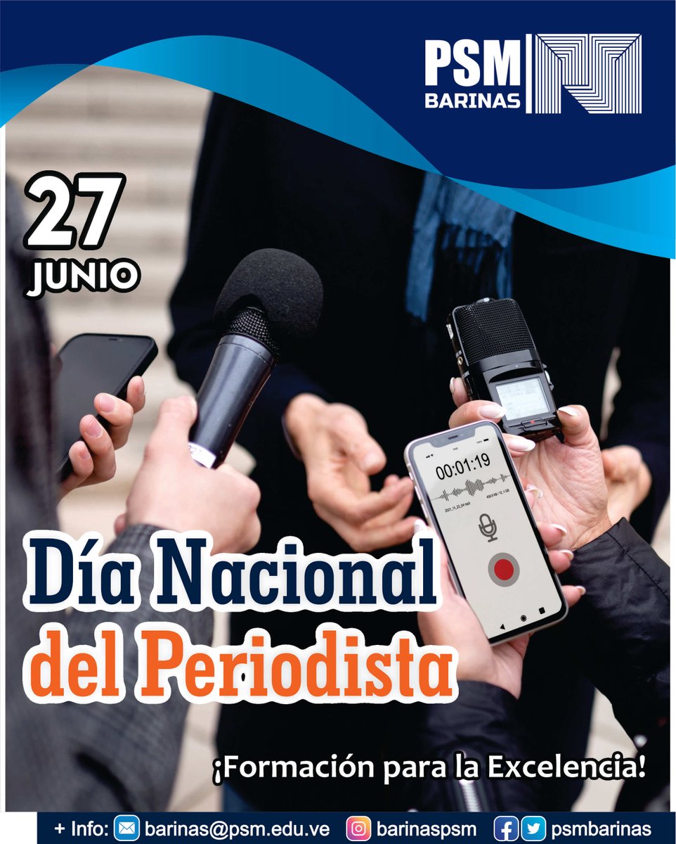 psmbarinas's tweet photo. Día Nacional del Periodista.
Celebrado en Venezuela, cada 27 de junio desde 1965, en esta fecha se reconoce la labor que los periodistas realizan en pro de la libertad y la veracidad. https://t.co/QVlkDWqxIk