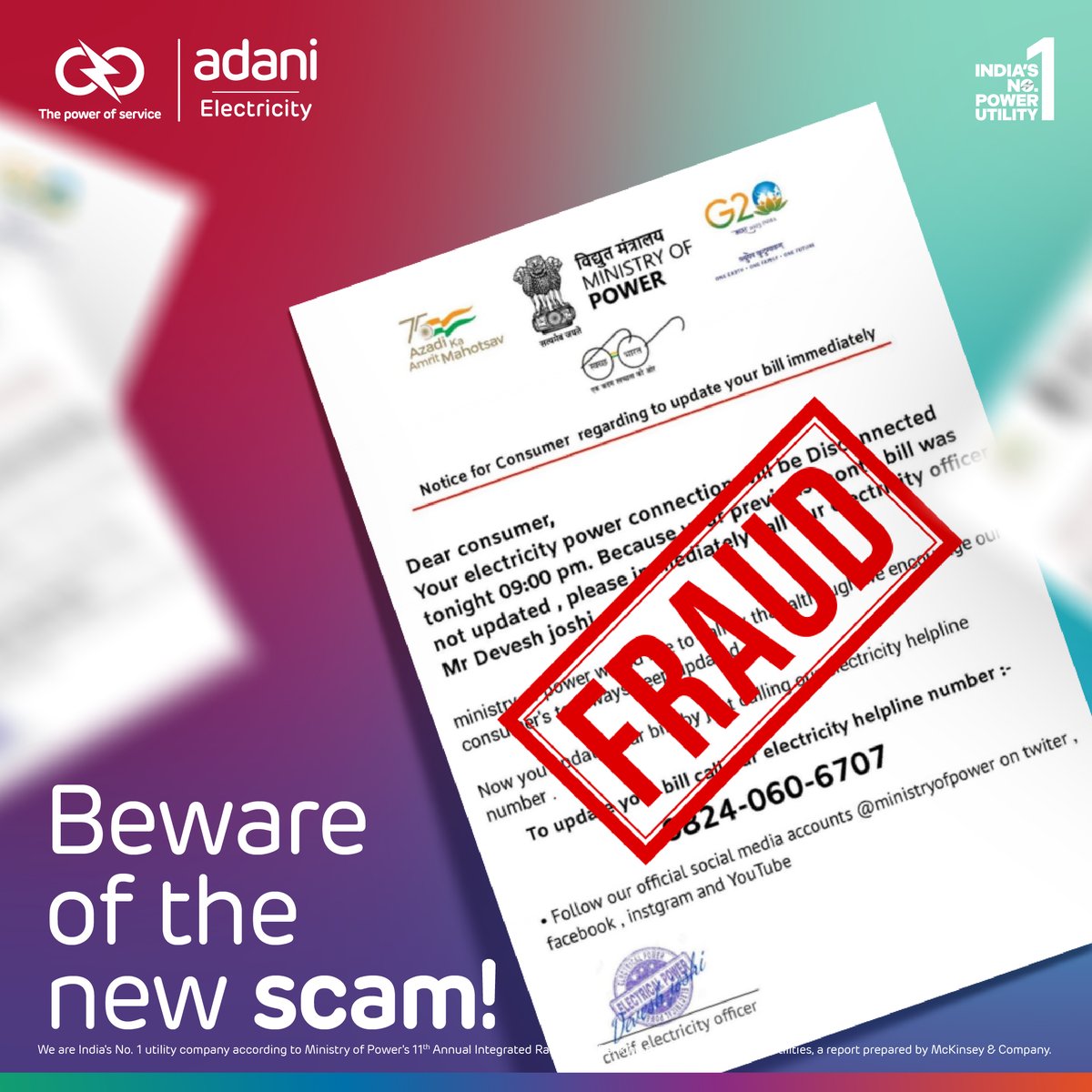 Stay Alert, #Mumbaikars! A new #SCAM  is there in the city. A notice is being sent as letters to you all, telling about your power disconnection. Please be aware that #AdaniElectricity is sending no such kinds of letters. Don't follow the social media handles of such #scammers.