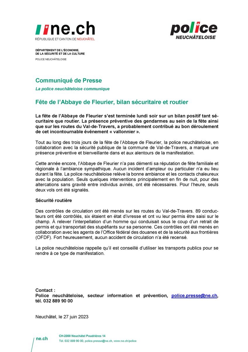 polneuch's tweet photo. L’Abbaye de Fleurier s’est terminée lundi soir sur un bilan positif tant sécuritaire que routier. La présence préventive des #gendarmes dans et autour de la fête a probablement contribué au bon déroulement de cet incontournable événement « vallonnier ». #valdetravers #abbaye https://t.co/X7ylQSmw9a
