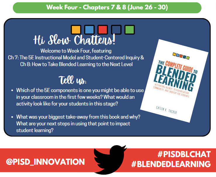 PISD_Innovation's tweet photo. Happy Tuesday #BlendedLearning Slow Chatters! โ๏ธ Here are the final reflection questions for Week 4 - Chapters 7 & 8.
As always, post your thoughts and response to other participants using #PISDBLCHAT. https://t.co/RPO5zbdjD1