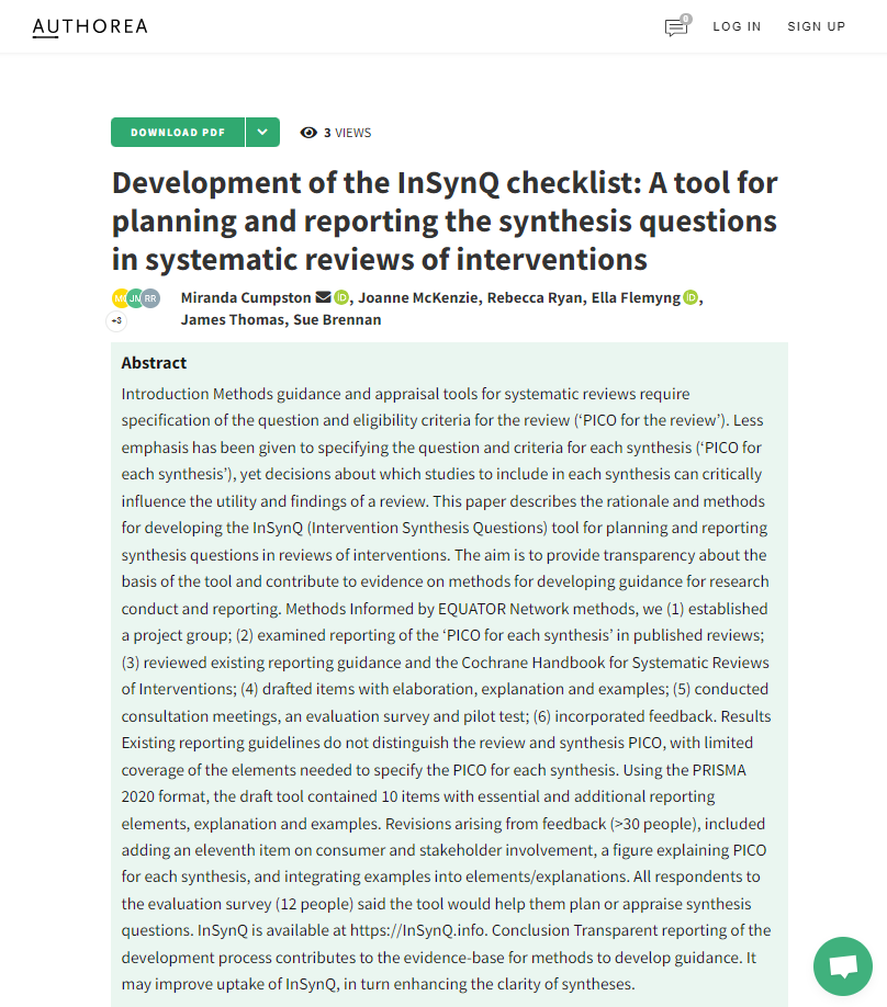EllaFlemyng's tweet photo. Oh hello lil preprint - Development of the InSynQ checklist: A tool for planning &amp; reporting the synthesis questions in reviews of interventions

Submitted to #CochraneESM &amp; while it's going through peer review you can read, comment &amp; track it here https://t.co/eILCOvjJn7 https://t.co/ho9LDFSY3i