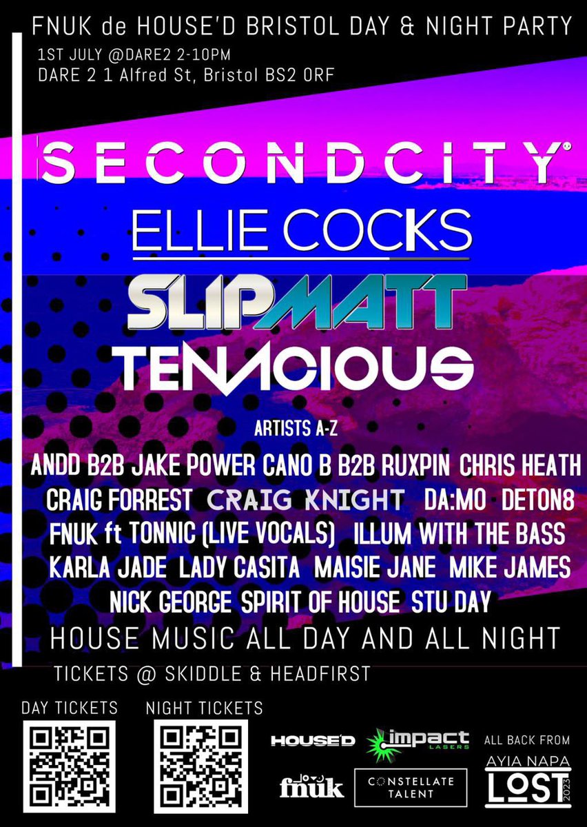 AnddMusic's tweet photo. 👏 Listen up guys - it’s THIS Saturday (1st July) that we finally bring our Day & #NightParty to #Bristol. Expect to see #Secondcity, #EllieCocks, #Slipmatt, #Tenacious, #CraigKnight & other guests.
☀️ Day Ticket: https://t.co/2xpxBupJmt
🌙 Night Ticket: https://t.co/UixpPJfabW https://t.co/hD5RkUn2h7