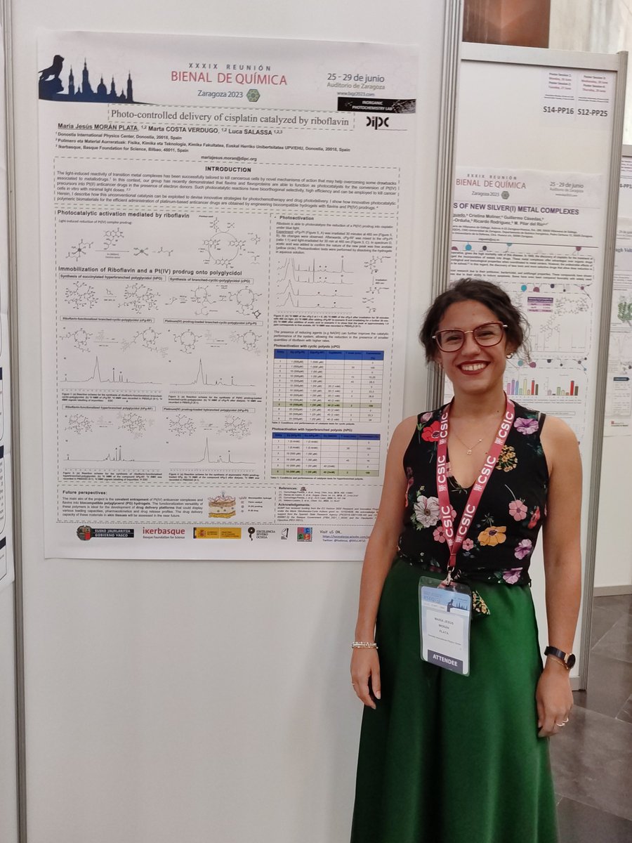 Thrilled to have the opportunity to present our research about 'Photo-controlled delivery of cisplatin catalyzed by riboflavin' in the @BQZ2023 
#Bienal23 #Bioinorganic #IFMarieCurieDelcat