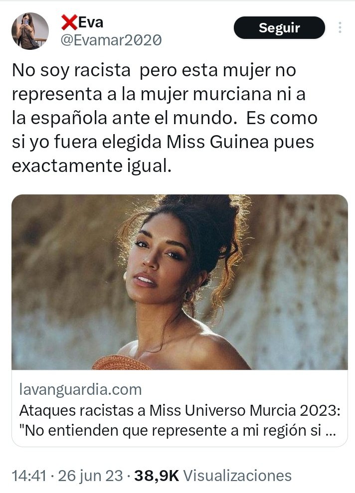 Y se habrá quedado muy a gusto la tía.

La Miss Universo Murcia es Athenea Pérez, iba a mi clase desde infantil hasta 4ESO, la conozco bien y ha trabajado muy duro para llegar ahí, se merece estar donde está y yo muy orgulloso de que represente a la Región de Murcia y España.