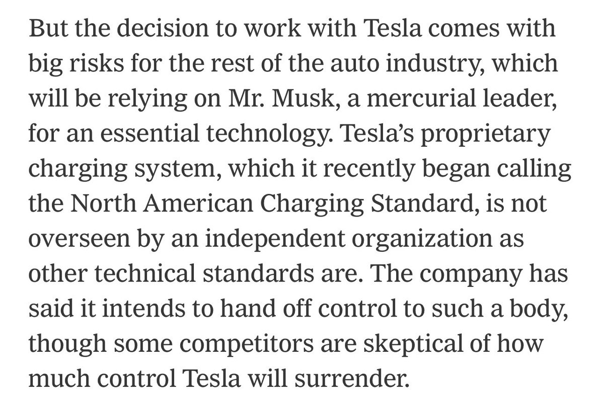 RobertMSterling's tweet photo. I’m not an Elon fanboy, but it’s astounding to me how much the media now despises him. He really is Public Enemy #1.

In this case, @nytimes is subtly attacking him for… sharing Tesla’s charging infrastructure.

“Control of critical infrastructure,” “mercurial leader.” Seriously?

Elon took a massive risk and made a major investment in critical charging infrastructure when NO ONE else was willing to do so. He could just keep it exclusive for Tesla and tell all the other OEMs that they’re on their own. Tough shit.

But he’s not doing that. He’s allowing his largest domestic competitors to use Tesla’s network, which is likely saving them tens of billions of dollars in capex and significantly accelerating their EV sales.

Yet the New York Times wants to cast him as basically a villainous robber baron here?

What’s the real agenda? Because this just doesn’t make any sense whatsoever.
