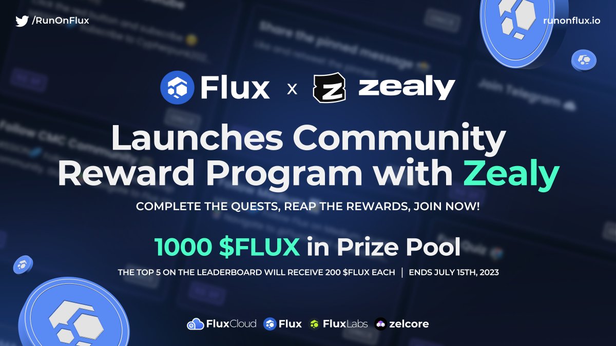 🎉 We have officially launched on <a href="/zealy_io/">Zealy</a>, giving our community an incredible chance to earn rewards for their invaluable support! ☁️

To celebrate, we're hosting a thrilling Sprint with a prize pool of 1,000 $FLUX!

Join the action here: 👇
zealy.io/c/fluxweb3clou…