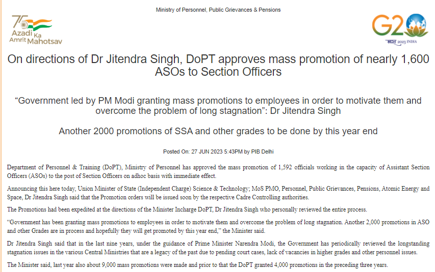 DrJitendraSingh's tweet photo. IMPORTANT INFORMATION FOR GOVT OFFICIALS:
Under the leadership and guidance of PM Sh @NarendraModi, #DoPT, Ministry of Personnel, announces mass promotion of 1,592 ASOs to Section Officers of CSS cadre. Another 2,000 promotions in
1/2

https://t.co/3wt35G9Saa https://t.co/oEplG3trNa