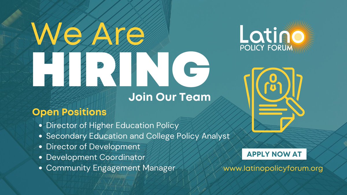 The Forum is hiring for several roles including Director of Development, Development Coordinator, Community Engagement Manager and more.  
RT to share with someone interested in joining our team!

Full job descriptions are on our website: latinopolicyforum.org/about/employme…