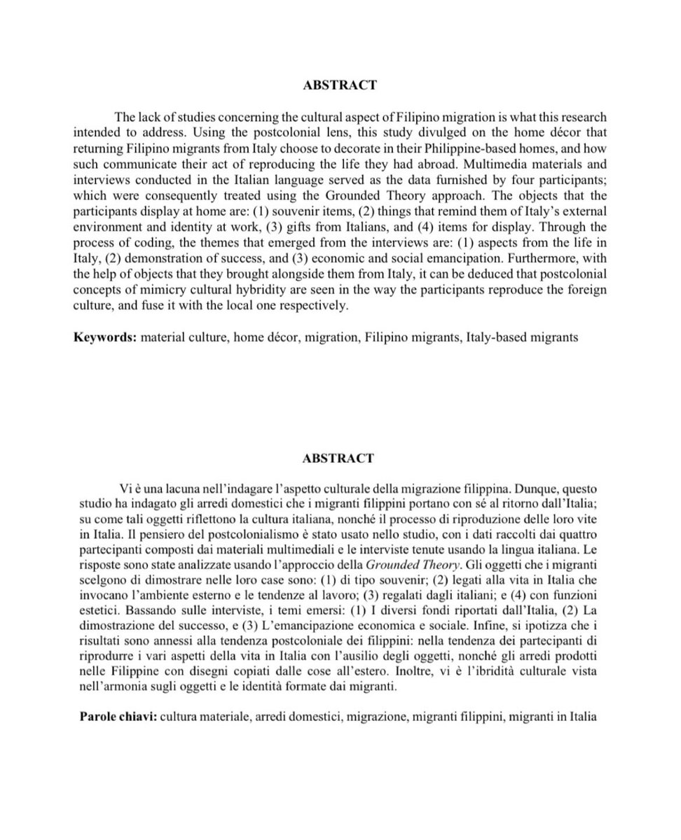 robgutierrez08's tweet photo. sharing with you the ff: title page in english, dedication, abstracts (ital and eng), and acknowledgements.

my dedication writes: “To the Filipino Migrants: for their sacrifices toward greener pastures despite being victims of the problematic system of the Filipino government” https://t.co/Lj9wwZtAXy