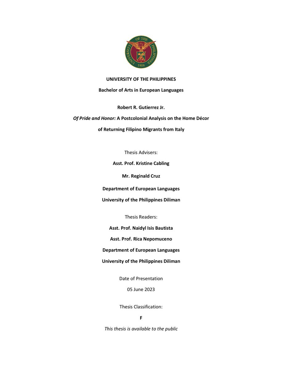 robgutierrez08's tweet photo. sharing with you the ff: title page in english, dedication, abstracts (ital and eng), and acknowledgements.

my dedication writes: “To the Filipino Migrants: for their sacrifices toward greener pastures despite being victims of the problematic system of the Filipino government” https://t.co/Lj9wwZtAXy