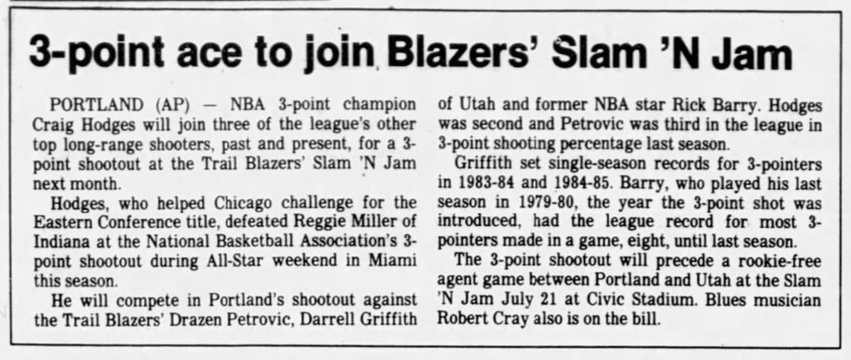 77Blazers's tweet photo. June 28 1990 - The @trailblazers announce that #CraugHodges will compete in the 3-pt competition at 2nd Annual #SlamNJam on July 21
Hodges will compete vs #Blazers #DrazenPetrovic, #DarrellGriffith of @utahjazz & @NBA @Hoophall member @Rick24Barry
#RipCity https://t.co/1VJ7MdFYo6