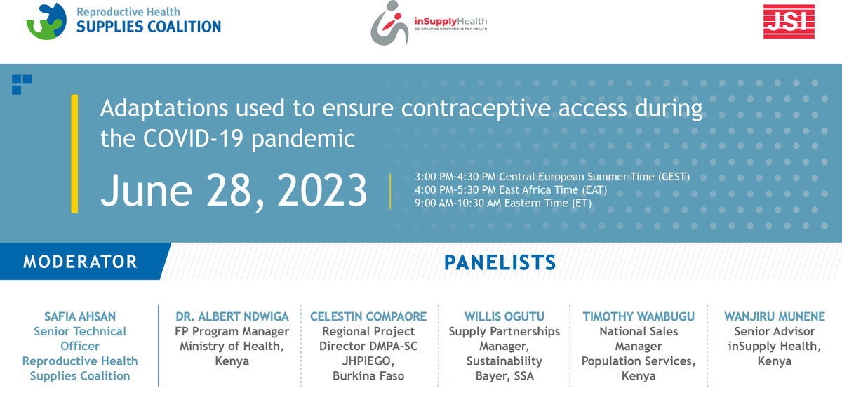 inSupplyHealth's tweet photo. Join our panel discussion on #ContraceptiveAccess! Dr. Albert Ndwiga, Programme Manager, @MoH_DRMH, will share insights on the Ministry's policy and advocacy efforts to ensure contraception availability during the pandemic. Register now: https://t.co/hQ4spPxCmI
#PanelAlert https://t.co/fsnPOHxHPc