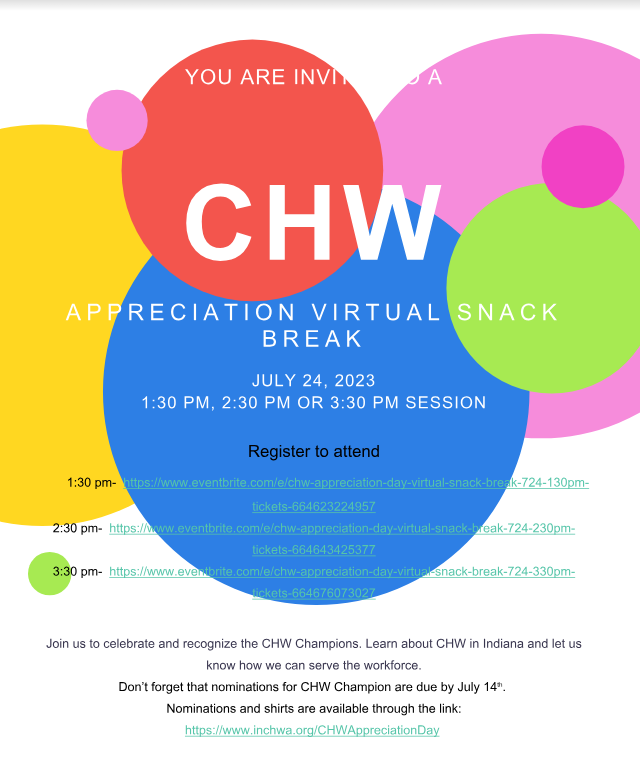 Join us for a CHW Appreciation Virtual Snack Break on July 24!

To register:
1:30 pm - eventbrite.com/e/chw-apprecia…
2:30 pm - eventbrite.com/e/chw-apprecia…
3:30 pm - eventbrite.com/e/chw-apprecia…
