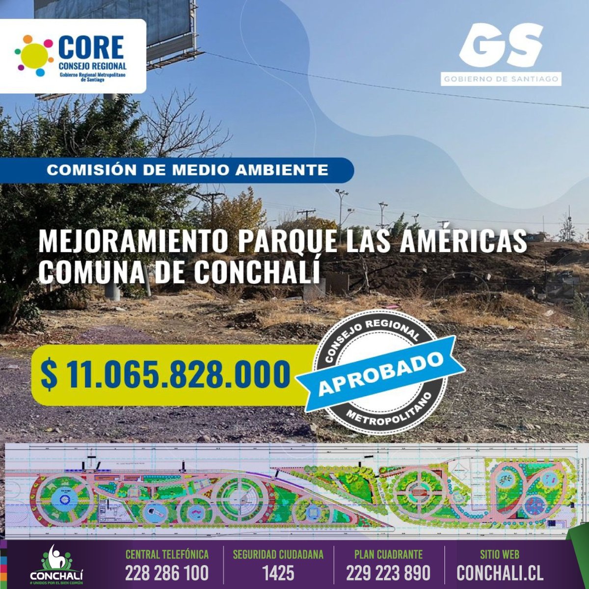 FELICIDAD TOTAL!!!🥳 en Conchalí!!! Luego que el <a href="/Gob_Santiago/">Gobierno de Santiago</a> aprobara 13 mil millones de pesos para la comuna: 11 mil millones para el Proyecto municipal Parque Las Américas 🌳 y otro 2 mil millones para veredas. 🚧
Plan que traerá a Conchalí el gran pulmón 🌱verde.