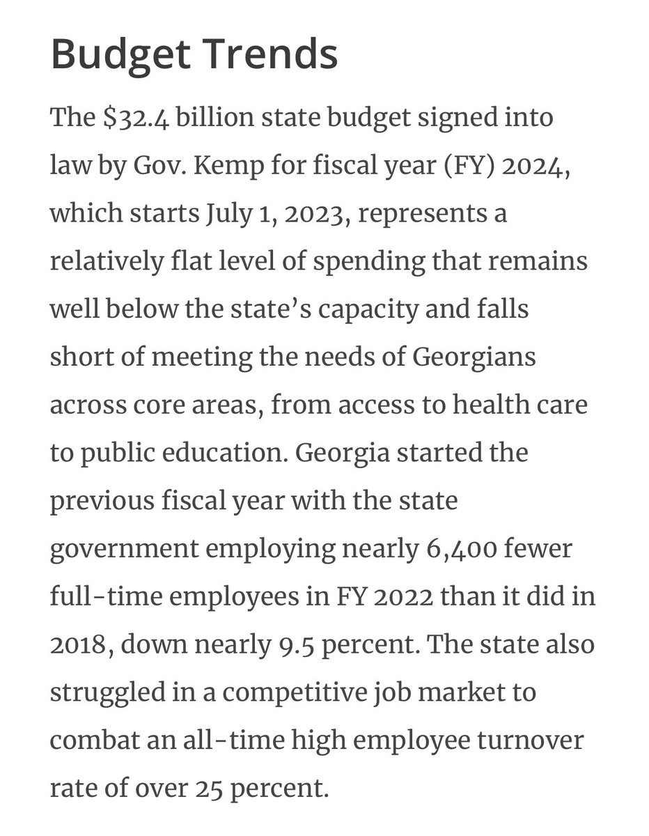 Most news outlets around Georgia just run the standard “this is the largest budget in state history” story. 

Here’s a better explanation of what’s really going on from @GaBudget. gbpi.org/georgia-budget…