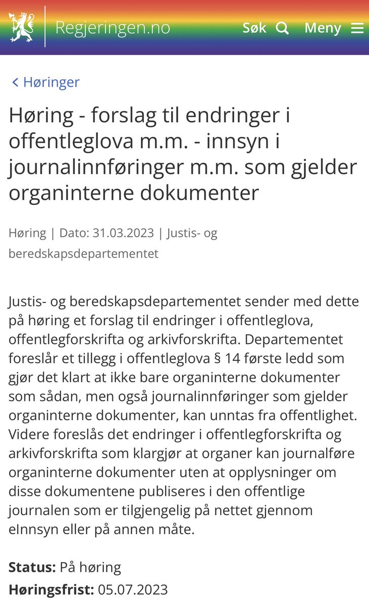 MaritSkotheim's tweet photo. 💥 Høringsfrist onsdag 5. juli 2023 💥
#Høring - forslag til endringer i offentleglova m.m. - innsyn i journalinnføringer m.m. som gjelder organinterne dokumenter.
Gjelder endringer i #offentleglova, offentlegforskrifta og arkivforskrifta.
#innsyn
#innsynsrett
#demokrati https://t.co/FXJdTV3eqd
