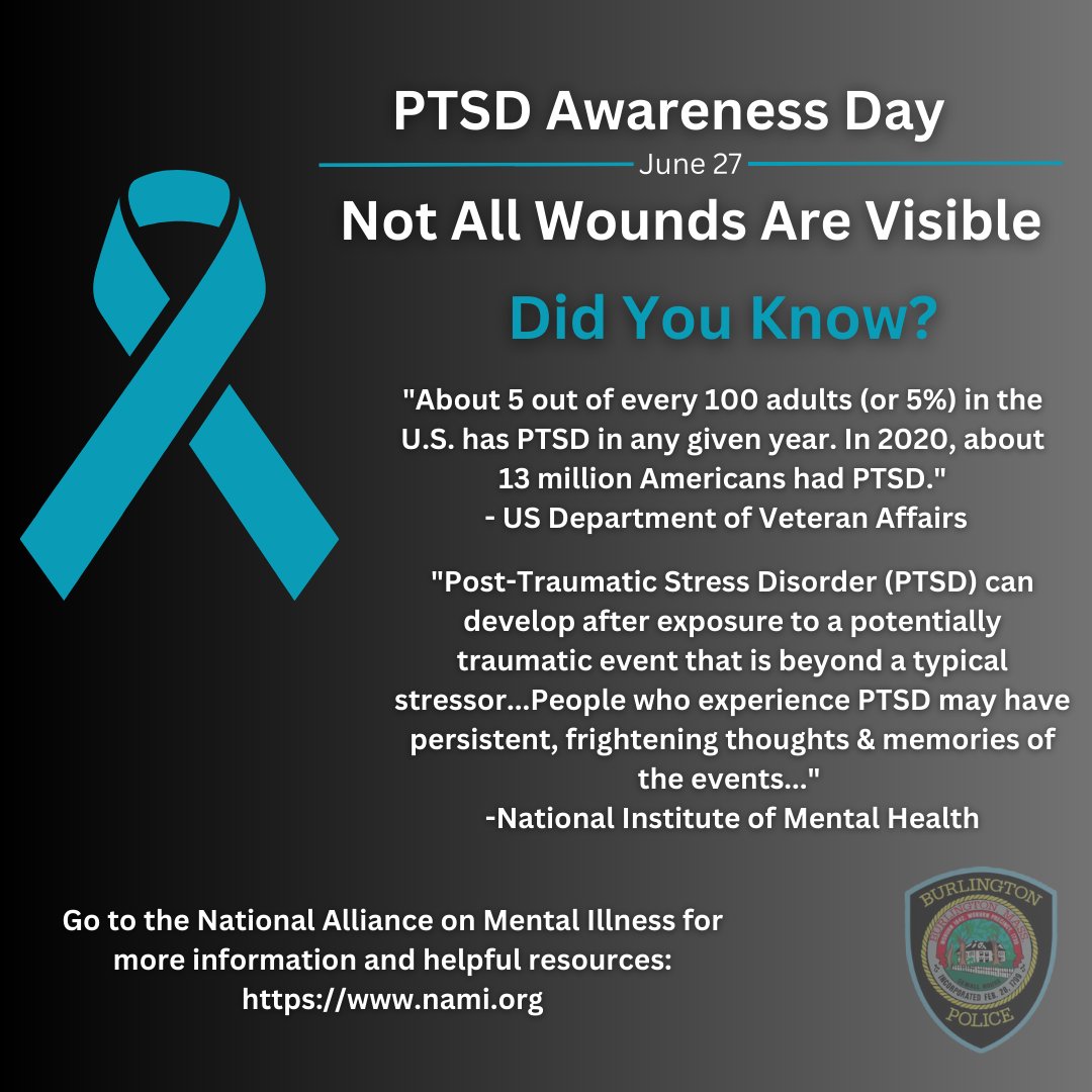 Not All Wounds Are Visible.
Today is National PTSD Awareness Day.  
Did You Know? "Anyone can develop PTSD at any age." - <a href="/NIMHgov/">National Institute of Mental Health (NIMH)</a> 
For more information, The National Alliance on Mental Health has some wonderful resources. <a href="/NAMIMass/">NAMI Massachusetts</a> 
nami.org/About-Mental-I…
#PTSDAwarenessDay