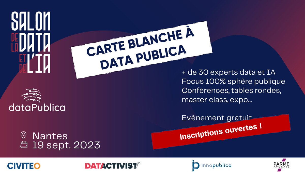 Jacques Priol (@jacquespriol) on Twitter photo 🔊 Avis important !
Cette année le <a href="/SalonData/">Salon Data</a> de Nantes donne une carte blanche à #DataPublica. Un programme exceptionnel de conférences, panels et même des master-class.
💥 ATTENTION : l’événement est gratuit mais le nombre de places est limité ! Lien privilège ci-dessous ! 🔊 Avis important !
Cette année le <a href="/SalonData/">Salon Data</a> de Nantes donne une carte blanche à #DataPublica. Un programme exceptionnel de conférences, panels et même des master-class.
💥 ATTENTION : l’événement est gratuit mais le nombre de places est limité ! Lien privilège ci-dessous !