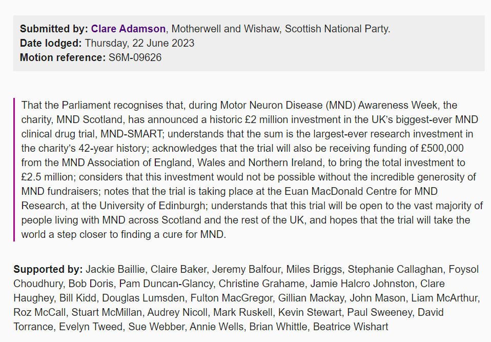 MNDScotland's tweet photo. A huge thank you to @ClareAdamsonSNP for lodging a motion in @ScotParl during #MNDAwarenessWeek to acknowledge the £2.5 million investment in the @mndsmart Trial and thank you to MSPs from across all parties for supporting the motion. https://t.co/6j6DfO55B5
