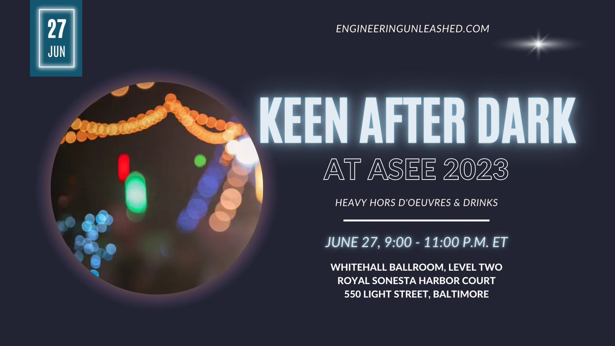 KEENunleashed's tweet image. You're invited! Come to the KEEN After Dark Party at #ASEE2023.
June 27, 9:00 - 11:00 p.m. ET
Whitehall Ballroom, Level Two
Royal Sonesta Harbor Court
550 Light Street, Baltimore
Learn more about the Network & entrepreneurial mindset! #EngineeringUnleashed #ASEEAnnual