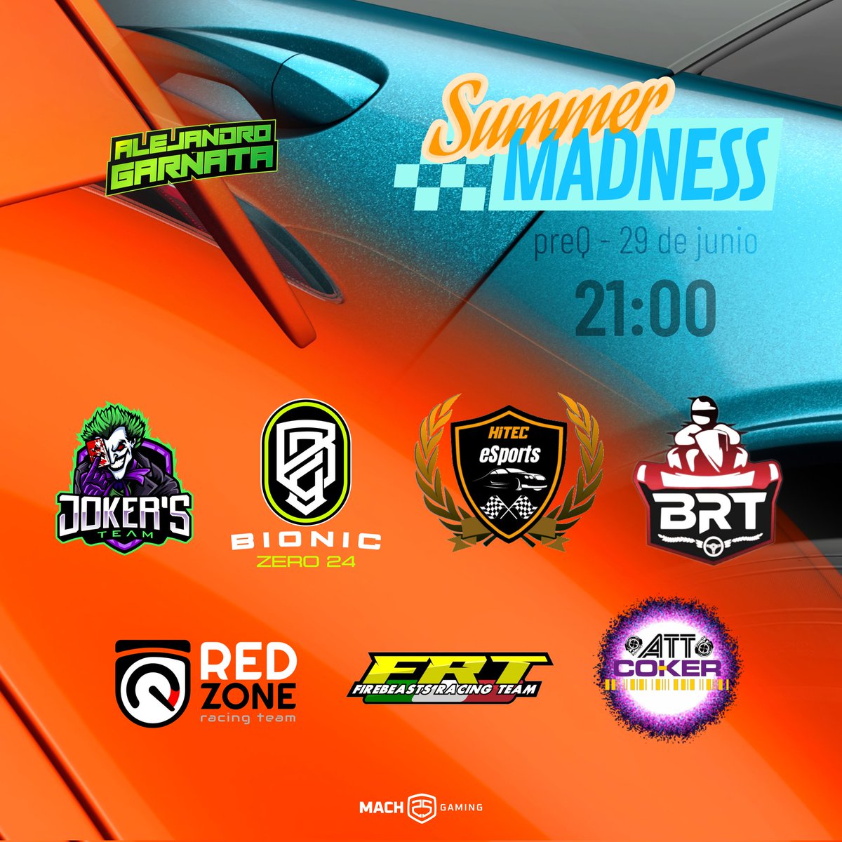 ⚡️ 𝙎𝙐𝙈𝙈𝙀𝙍 𝙈𝘼𝘿𝙉𝙀𝙎𝙎 | #GT7

📅 29/06/2023
📺 Twitch Alejandro Garnata

🏁 21:00 (CEST)
✅ <a href="/Jokers_eTeam/">Joker's e-Team</a>
✅ <a href="/BIONICzero24/">BIONIC Zero 24</a>
✅ <a href="/HiTEC_eSports/">HiTEC eSports</a>
✅ <a href="/blacktopbrt/">Blacktop Racing Team</a>
✅ <a href="/RedZone_Racing/">Red Zone Racing Team</a>
✅ <a href="/FirebeastsTeam/">Firebeasts Racing Team</a>
✅ <a href="/ATTCoker/">ATTCoker</a>

➡️ <a href="/Mach25Gaming/">Mach25 Gaming</a>