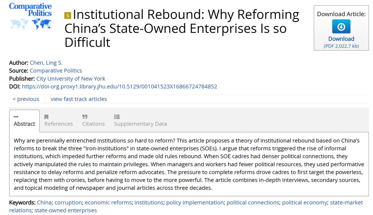 Excited that my new article, "Institutional Rebound: Why Reforming China’s State-Owned Enterprises Is so Difficult," is coming out in Comparative Politics ingentaconnect.com/content/cuny/c… An earlier version can be found here papers.ssrn.com/sol3/papers.cf… 1/n