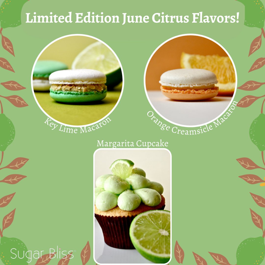 Sugar Bliss (@sugarblisscakes) on Twitter photo June is almost over and our Citrus Flavors are almost gone - Key Lime Macaron 💚, Orange Creamsicle Macaron 🍊 , and Margarita Cupcake 🧁. #chicago #chicagobakery #smallbusiness #womanowned #chicagoeats #blissfullysweet #orange #keylime #margarita  #citrus June is almost over and our Citrus Flavors are almost gone - Key Lime Macaron 💚, Orange Creamsicle Macaron 🍊 , and Margarita Cupcake 🧁. #chicago #chicagobakery #smallbusiness #womanowned #chicagoeats #blissfullysweet #orange #keylime #margarita  #citrus