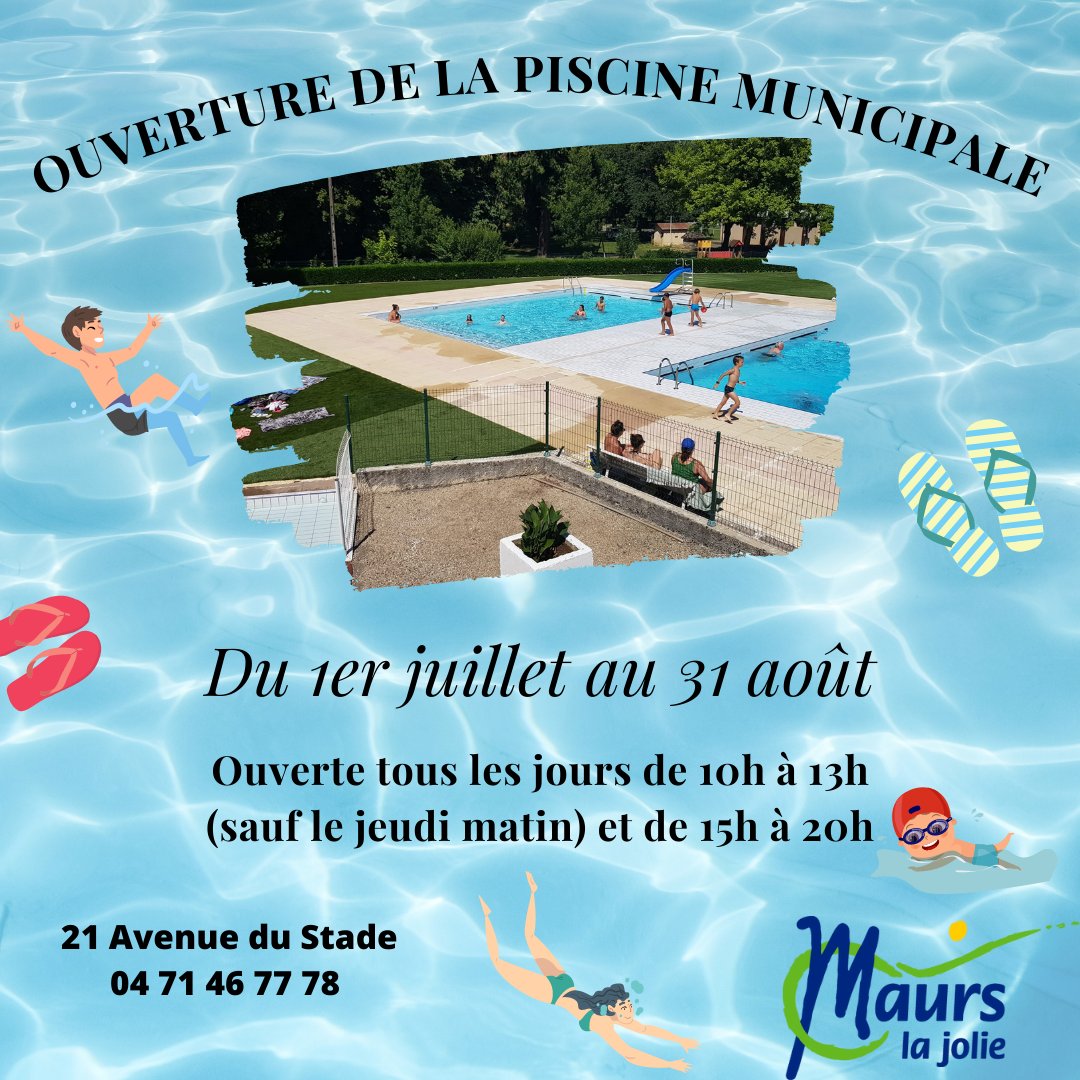 La piscine municipale de #Maurs ouvre pour sa saison estivale dès ce samedi 1er juillet jusqu’au jeudi 31 août. Venez profiter de cette piscine ouverte et chauffée tous les jours de 10h à 13h (sauf le jeudi matin) et de 15h à 20h. Détails des tarifs : ville-maurs.fr/tarifs-communa…