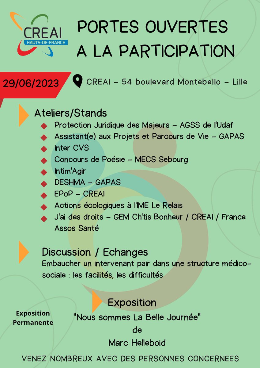 📢 Le CREAI Hauts-de-France organise des portes ouvertes le 29 juin de 13h30 à 16h30.
😀 Nous vous attendons nombreux !