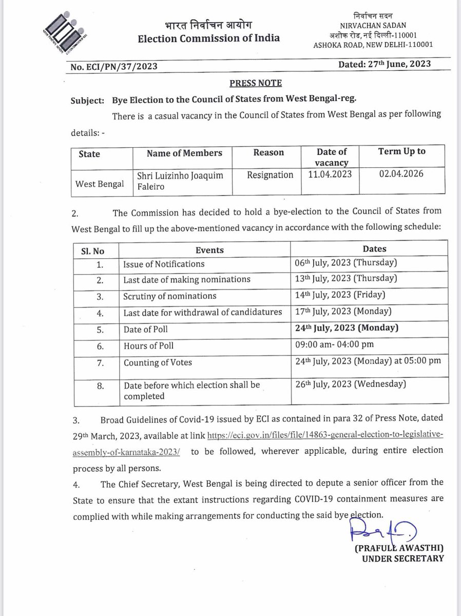 chhapawalo's tweet photo. ECI announces polls for six Rajya Sabha seats in WB, three in Gujarat and one in Goa on July 24.

Bye Election also announced for the Rajya Sabha seat vacated by Luizinho Falerio on July 24.

#Election #RajyaSabha #Rs #UpperHouse #India #Parliament #ECI https://t.co/763khcYKbJ