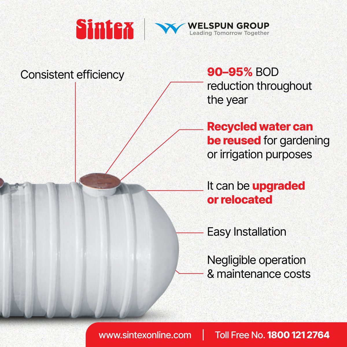 Experience the power of recycled water with 90-95% BOD reduction, perfect for gardening and irrigation. Upgrade or relocate effortlessly and embrace a greener tomorrow. 

#Sintex #Welspun #WelspunGroup #HarDilWelspun #SewageTreatmentPlant