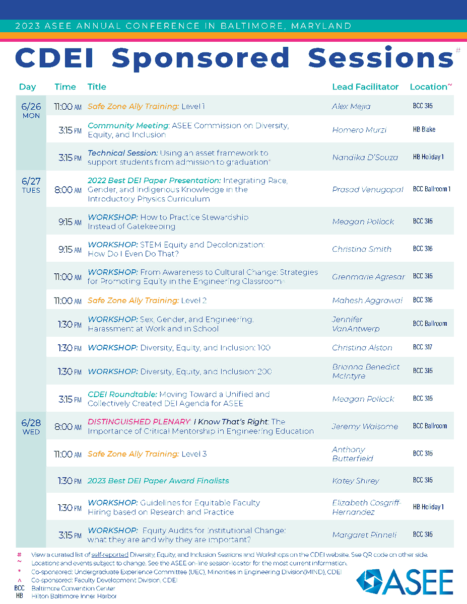 👀 Don't miss today's CDEI-sponsored sessions! #engineeringeducation #baltimore #ASEEAnnual diversity.asee.org/deicommittee/2…