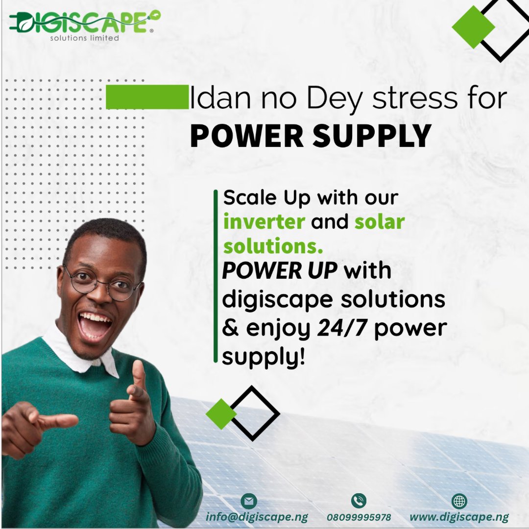 DigiScape Solutions Ltd (@digiscapeng) on Twitter photo Are you tired of power outages disrupting your daily routine? Say goodbye to the stress and frustration with Digiscape Solutions! Our solar inverters and backup systems provide uninterrupted power supply, 24/7.
Contact us today!!! #DigiscapeSolutionsower #UninterruptedPowerSupply Are you tired of power outages disrupting your daily routine? Say goodbye to the stress and frustration with Digiscape Solutions! Our solar inverters and backup systems provide uninterrupted power supply, 24/7.
Contact us today!!! #DigiscapeSolutionsower #UninterruptedPowerSupply