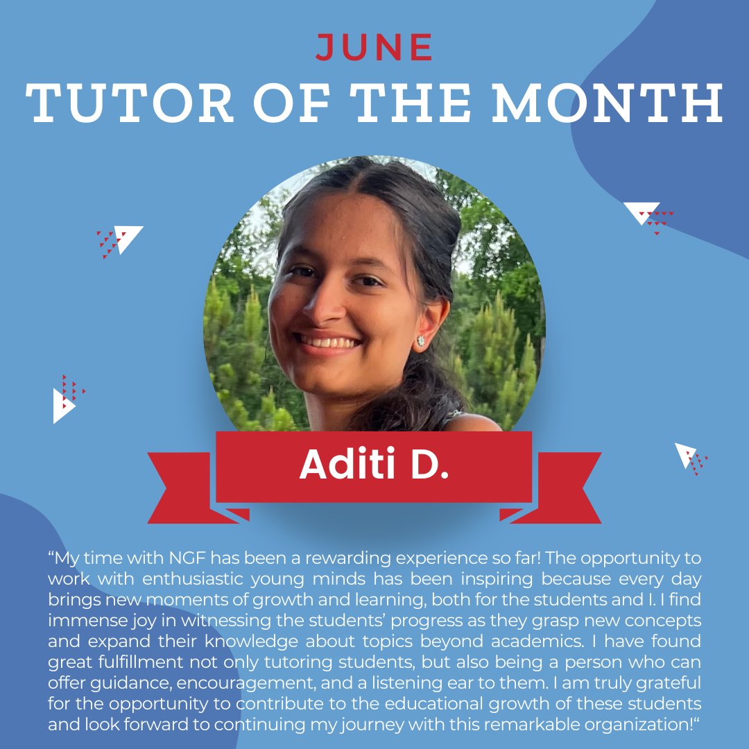 NextGenFocus's tweet image. Congratulations to our June tutor of the month, Aditi! We're so grateful for your hard work and commitment to our students! ⭐🎉💕

#NextGenerationFocus #SmarterMe #Tutoring #Mentoring #HomeworkHelp #Preschool #Music #Volunteer #Nonprofit #VirtualLearning #AfterSchool