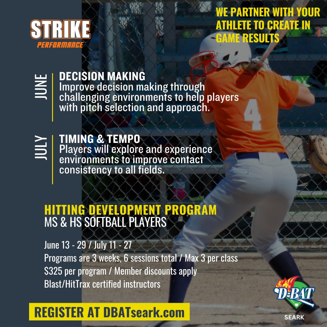 Let's go!! STRIKE July is all about Timing & Tempo for our hitters. With our data-driven program, we partner with your athlete to create in game results. DBATseark.com #itswheretheplayersgo