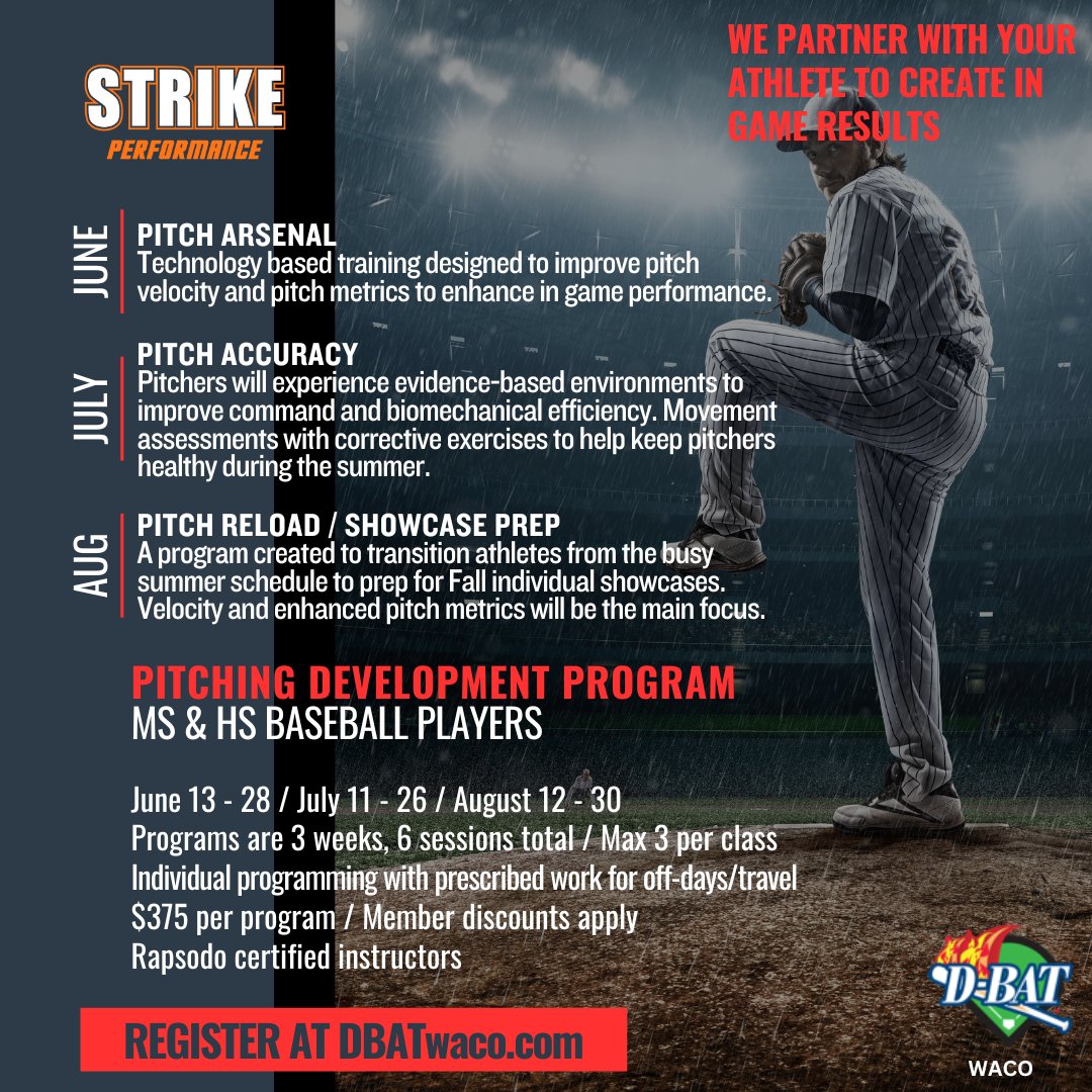 Let's go!! STRIKE July is all about Timing & Tempo for our hitters and Pitch Accuracy for our pitchers. With our data-driven programs, we partner with your athlete to create in game results. DBATwaco.com #itswheretheplayersgo