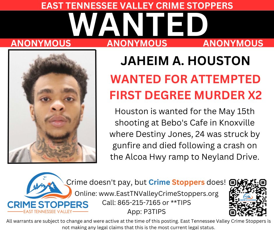 Do you have any information on where #fugitive Jaheim Houston is hiding? He is #WANTED by @Knoxville_PD and may be hiding in the #Memphis area.

If you know his whereabouts contact East TN Valley Crime Stoppers. Cash Reward Possible!

#CrimeStoppers #AttemptedMurder