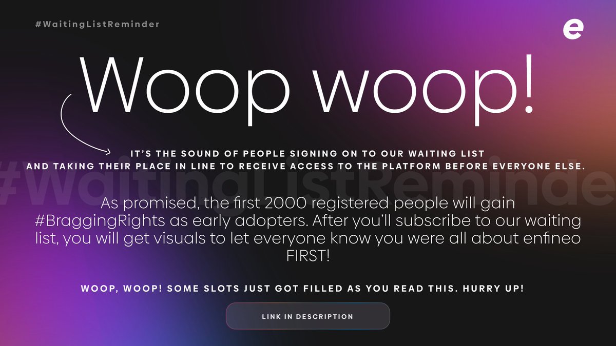 enfineoapp's tweet photo. Woop woop! It’s the sound of people getting on the waiting list and claiming their

early adopters' #BraggingRights &amp; visuals
the #Discoverenfineo filter: https://t.co/SpqLu2v9Dv

The first 2000 entries get access to the app 2 weeks before anyone else: 
https://t.co/4u8wxYqSvf. https://t.co/HCdE7DkuXt