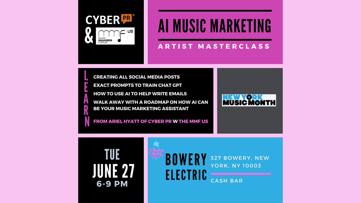 cyberpr's tweet photo. NYC TONIGHT - Grab a free ticket to come celebrate my birthday with me on The Lower East Side with a mini masterclass and a #MusicIndusrty mixer 👩‍🏫 🥂
I'll be teaching an ​ AI MUSIC MARKETING MASTERCLASS​

https://t.co/MNk1DlkJVj https://t.co/thpARiwbtu