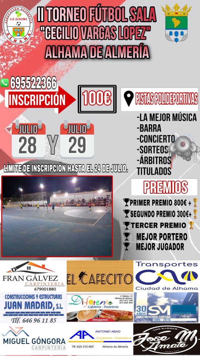 Aquí os dejamos el cartel del II Torneo de Fútbol Sala 'Cecilio Vargas López', en homenaje al fundador de nuestro club!

Esperamos que sea un éxito de participación y que sea una fiesta de nuestro deporte!! En el cartel tenéis los datos de contacto para la inscripción!