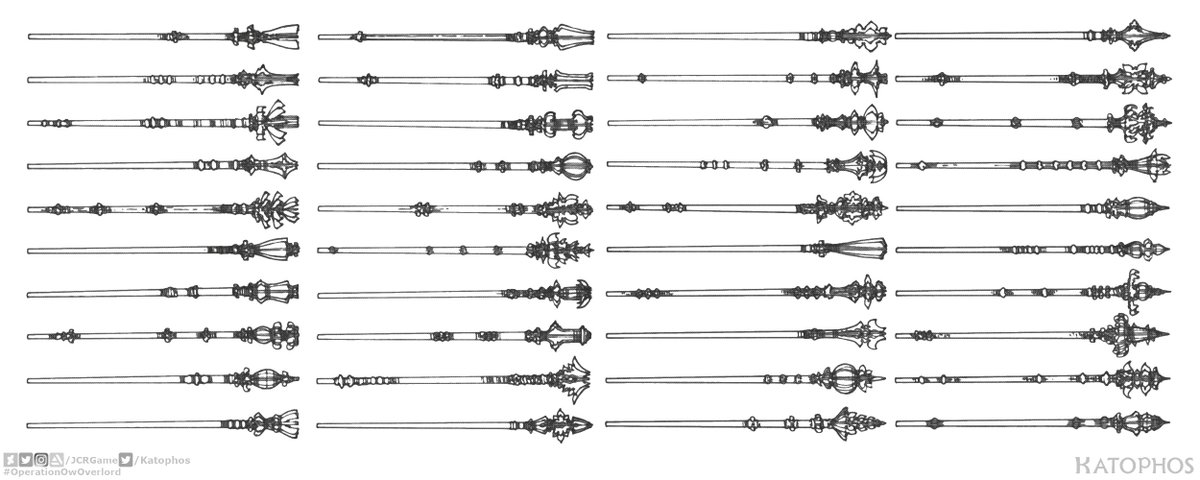 Katophos's tweet photo. Flanged staves. A branched casting aperture, around a central focusing rod. Moderately good for both focused and area attacks. And, of course, doubling as a mace. #Katophos #OperationOwOverlord #fantasy #anime #manga #conceptart https://t.co/L9xNBJ78qm
