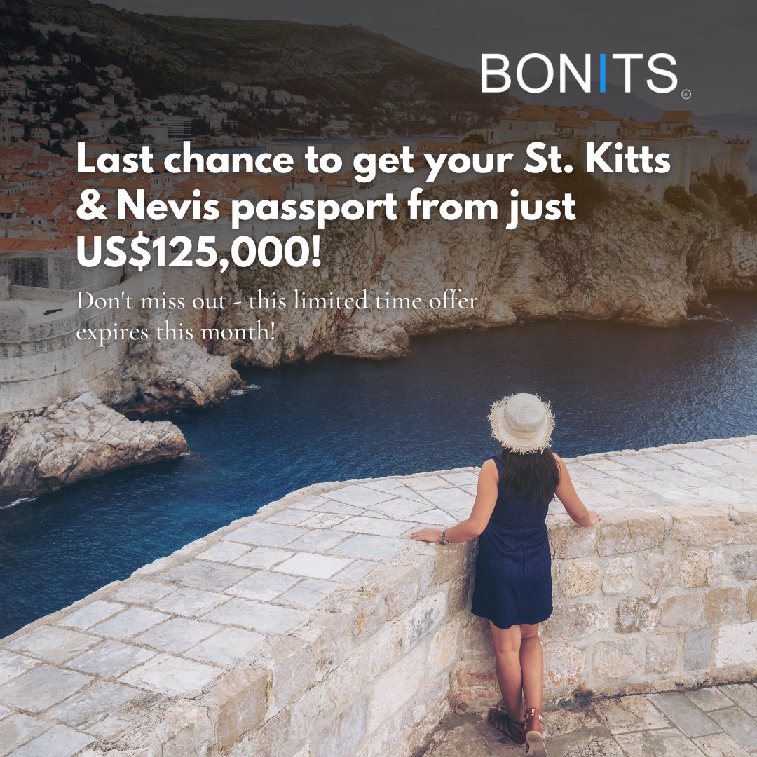 bonitsinc's tweet photo. Travel visa-free to 155+ countries this summer from just US$125,000. Don’t miss out, this offer ends in 3 days!
To find out more about our #MigrationInvestment contact us now at info@bonitsinc.com. https://t.co/bkkXOlwYSI