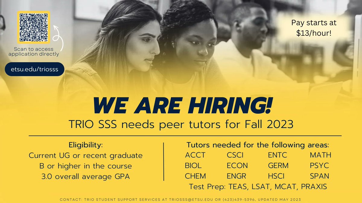 We're hiring! Join a caring and driven team in a student-led environment. To apply for a peer tutoring position with TRIO Student Support Services, scan the QR code in the image below.
