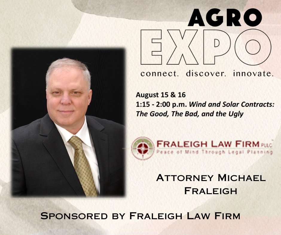 AgroExpo brings in speakers on all topics! On Aug 15 & 16, Mike Fraleigh of Fraleigh Law Firm is discussing 'Wind and Solar Contracts: The Good, the Bad, and the Ugly.'

See all the speakers: ow.ly/Btii50OXb7M